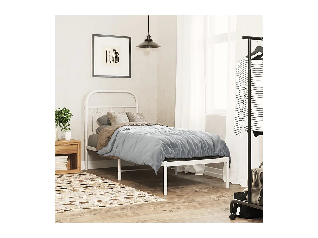 Lit simple métal + tête de lit blanc 75x190 cm FR14251