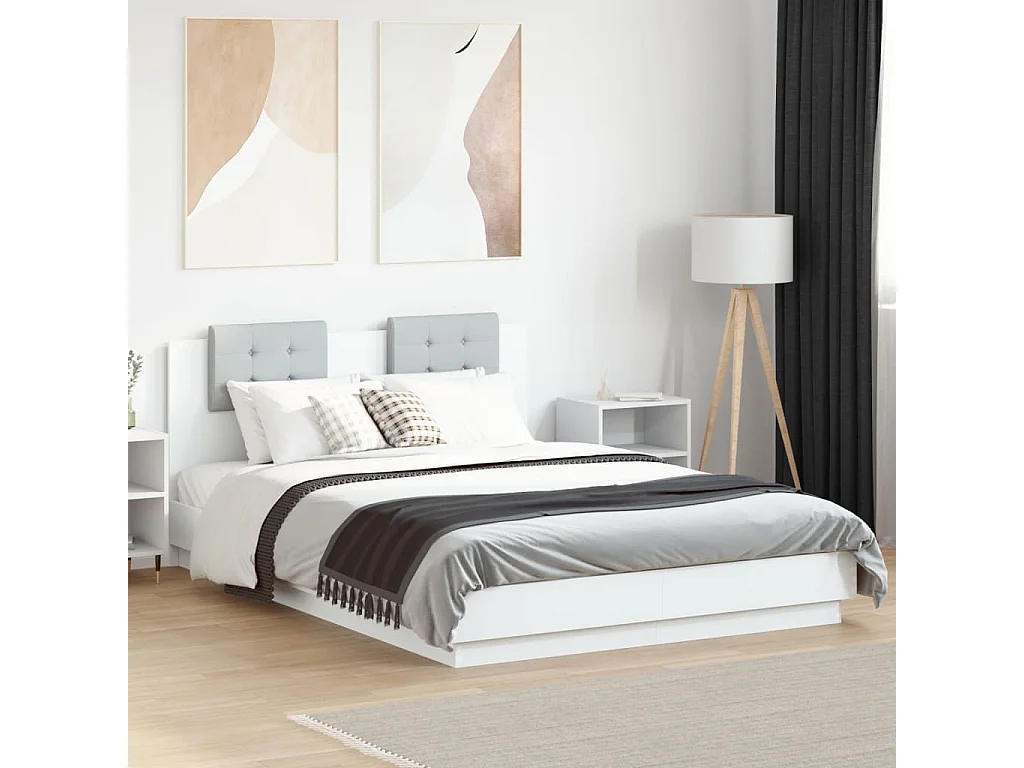 Lit double + tête de lit et lumières LED blanc 140x200 cm FR30734