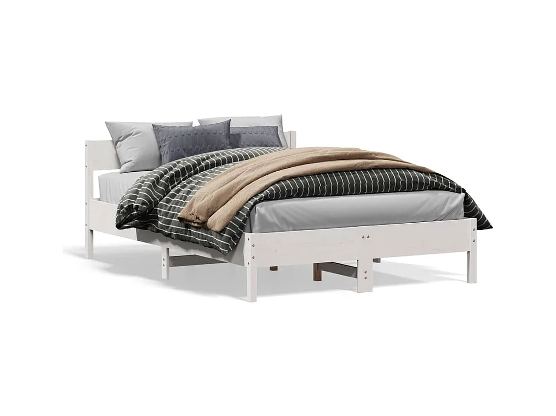 Lit double + tête de lit blanc 160x200 cm bois pin massif FR26356