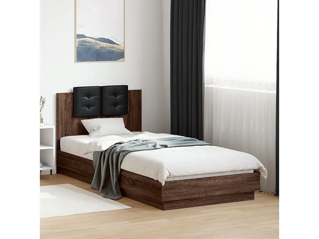 Lit simple + tête de lit chêne marron 100x200 cm FR42221