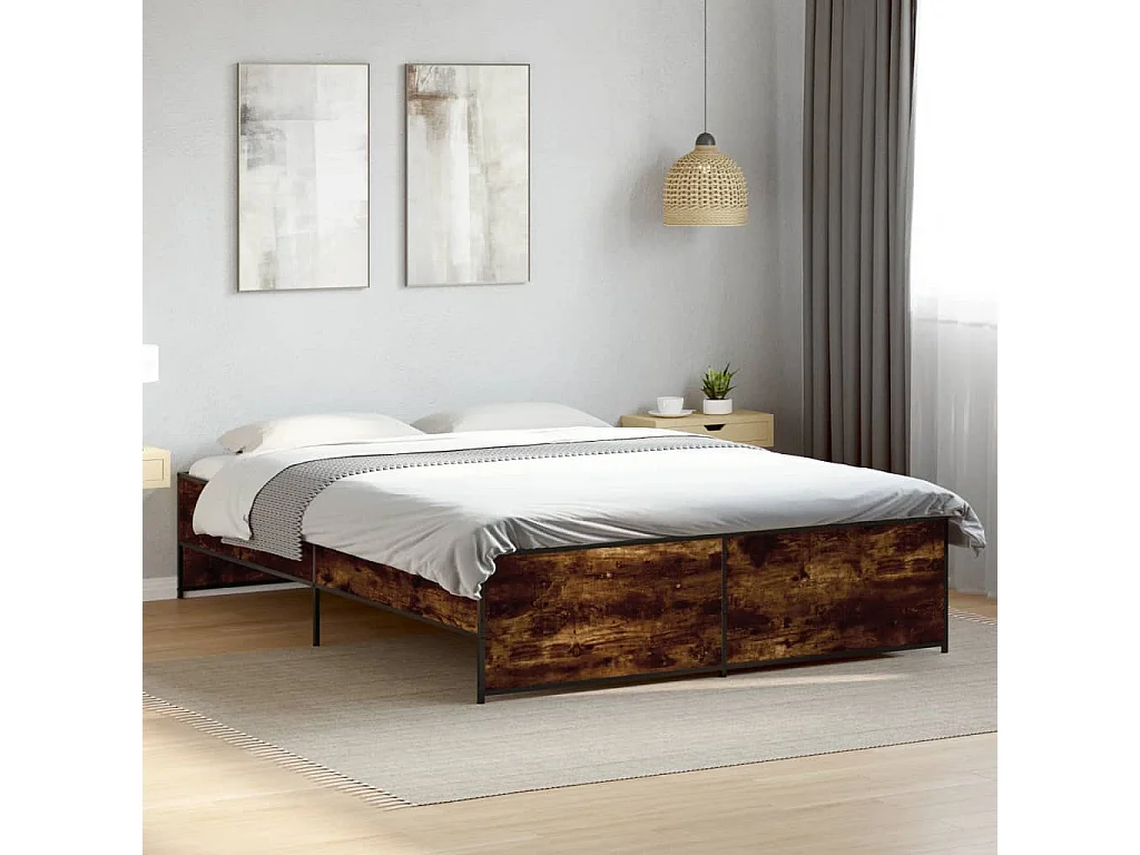 Cama 160x200cm - madera ingeniería metal roble ahumado ES421333