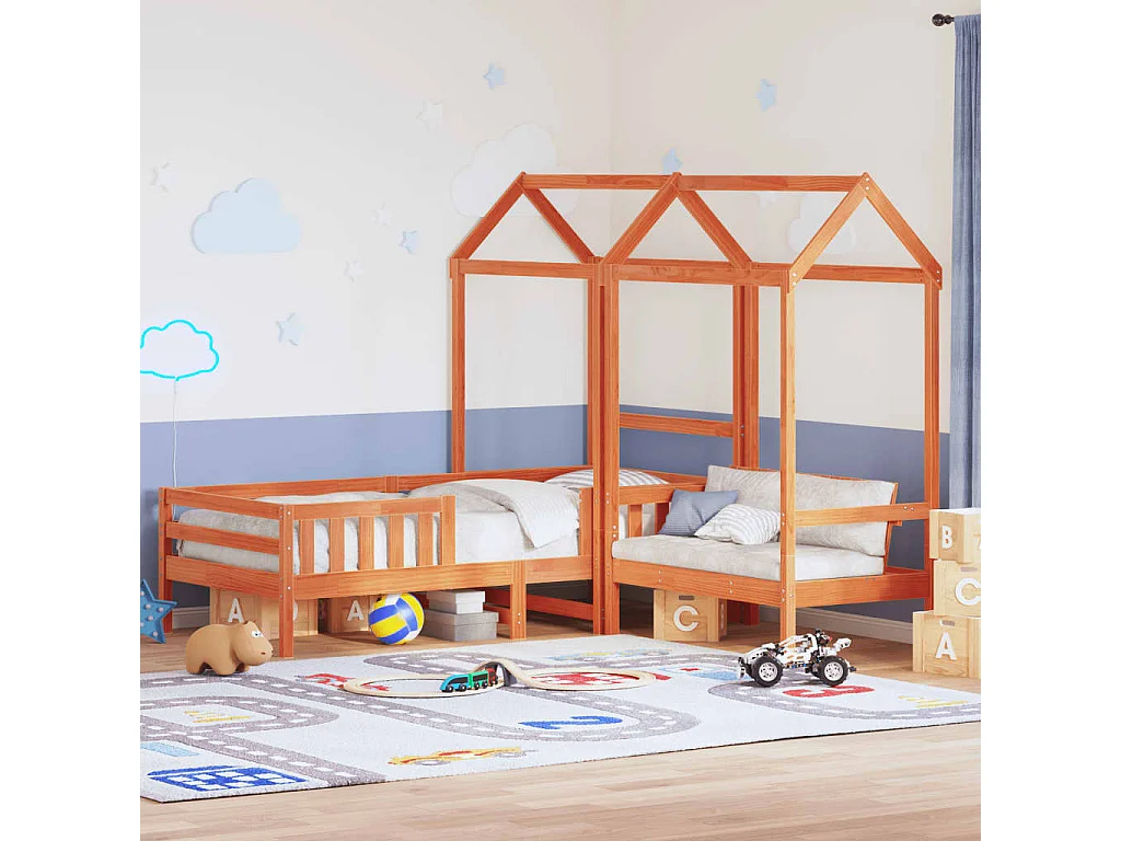 Set de cama y banco con techo madera de pino marrón 100x200 cm ES603371