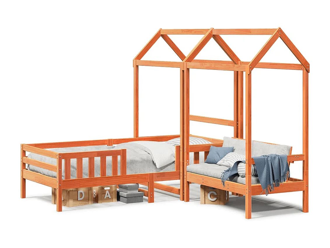 Conj. de cama e banco c/ telhado 100x200 cm pinho castanho-mel PT111312