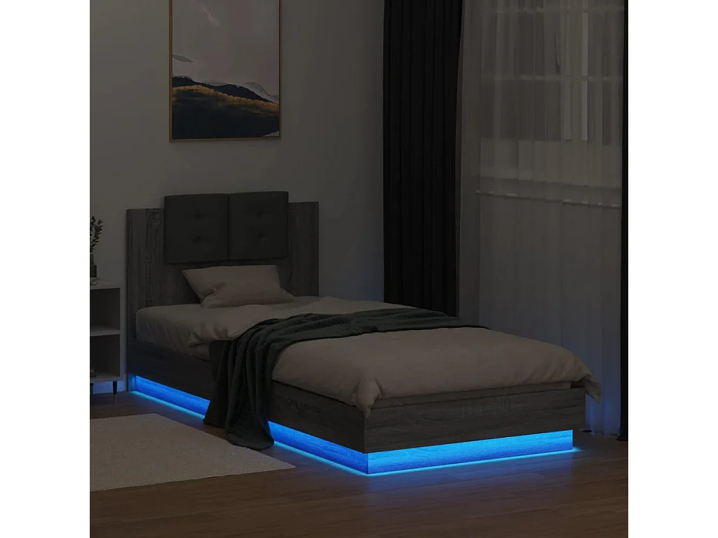 Lit simple tête de lit et lumières LED sonoma gris 90x200 cm FR43708