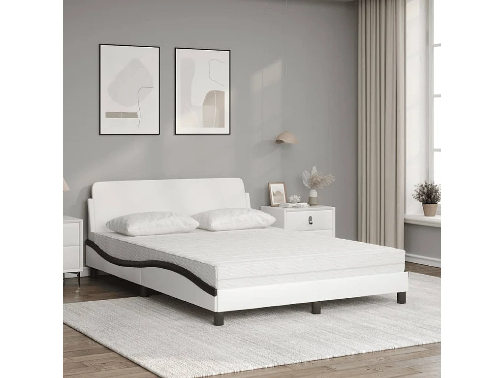 Lit adulte + matelas blanc et noir 140x190 cm similicuir FR23784