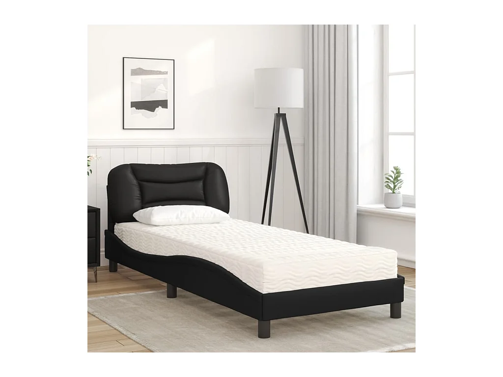 Lit adulte + matelas noir 90x190 cm similicuir FR79793