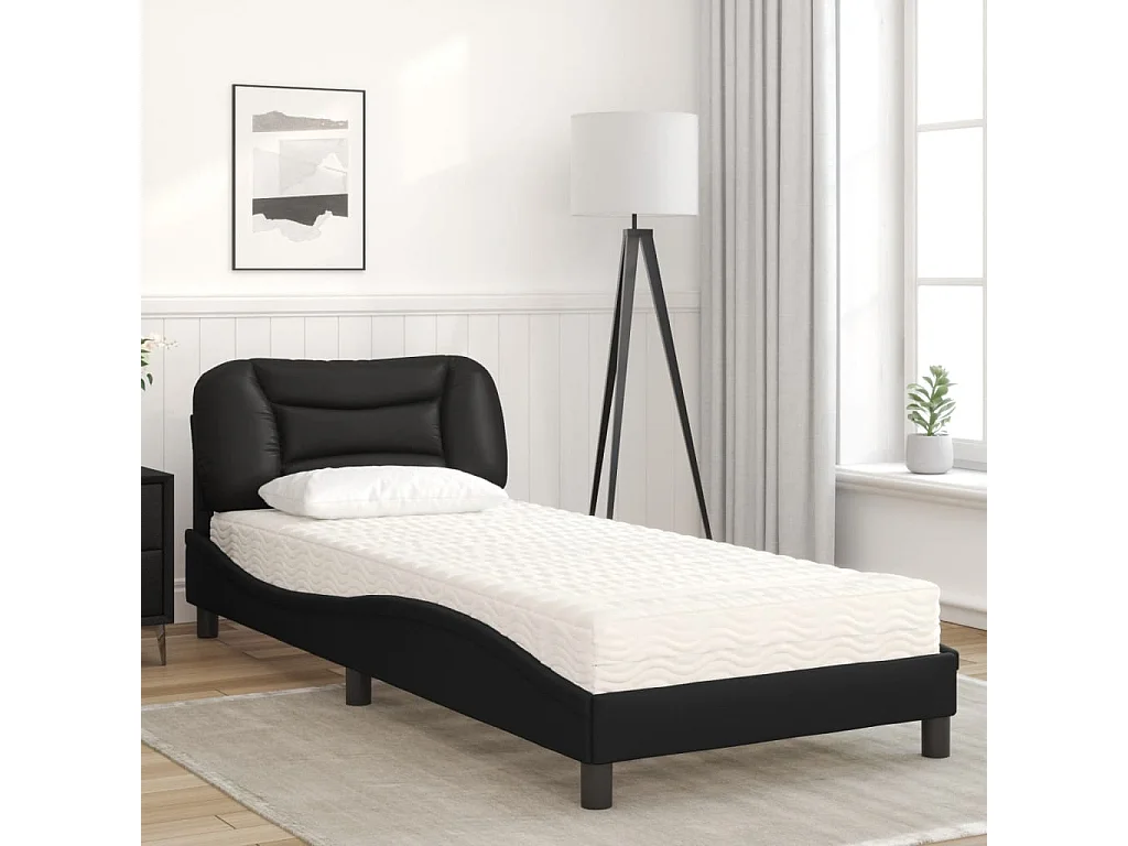 Lit adulte + matelas noir 90x190 cm similicuir FR79793