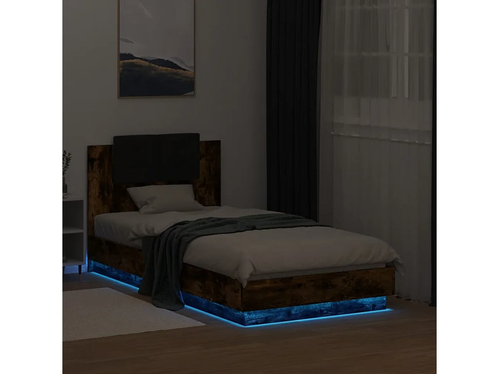 Lit simple tête de lit et lumières LED chêne fumé 75x190 cm FR10085