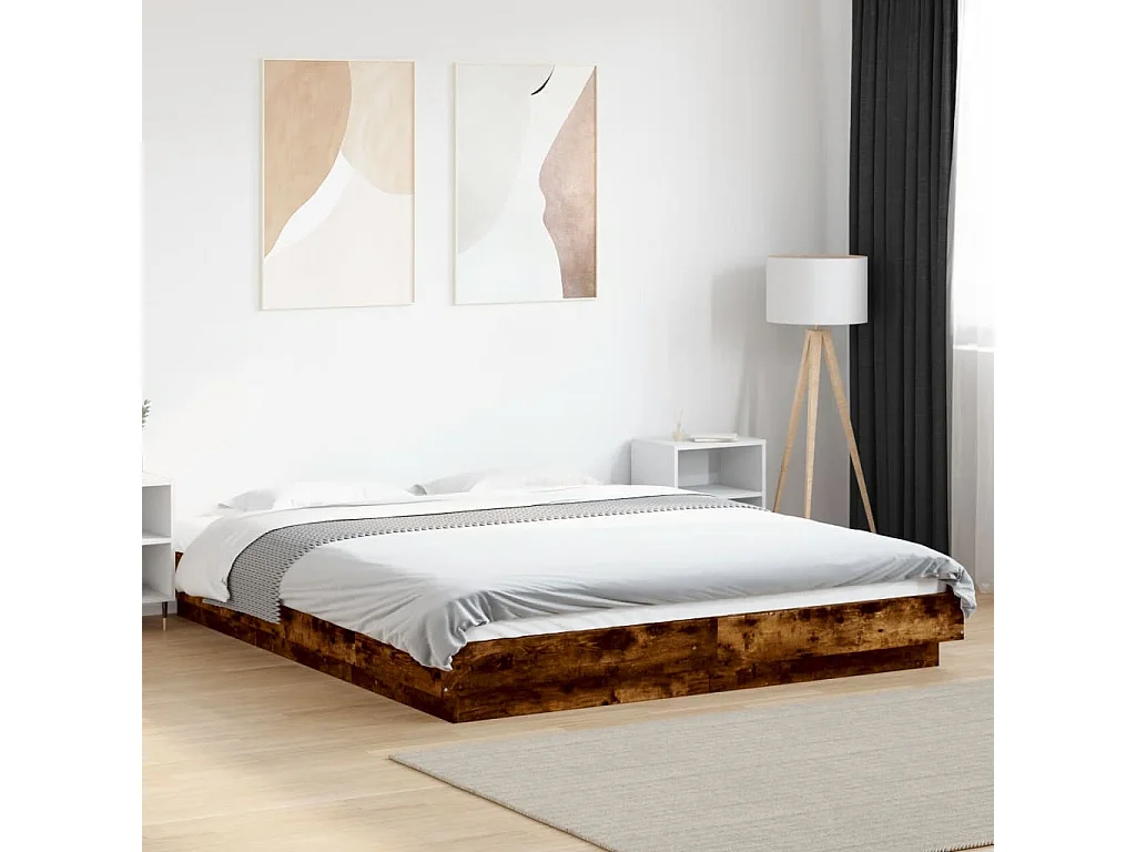 Lit double chêne fumé 160x200 cm bois d'ingénierie FR90664