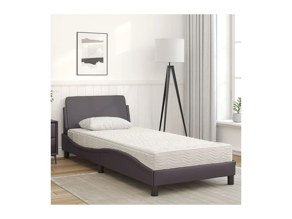 Lit adulte + matelas gris 80x200 cm similicuir FR22141