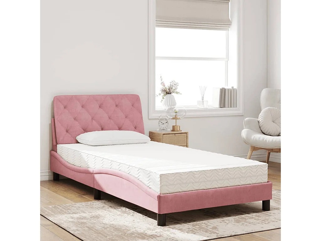 Cama 100x200 cm con colchón terciopelo rosa ES966779