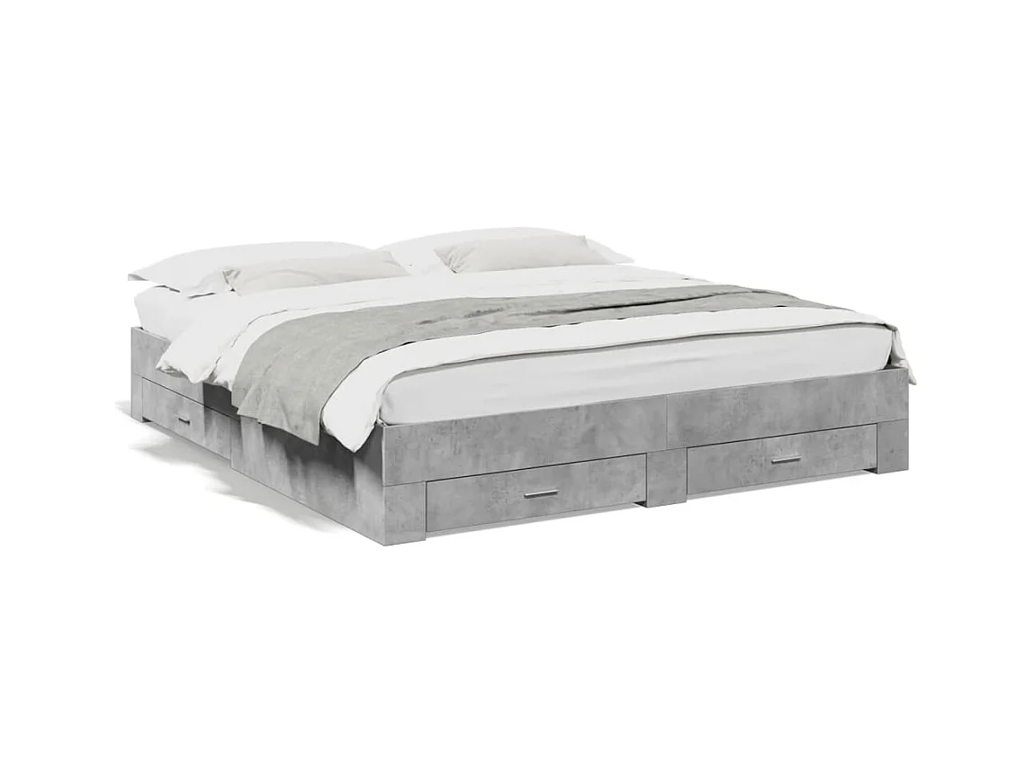 Lit double et tiroirs gris béton 200x200 cm bois d'ingénierie FR98348