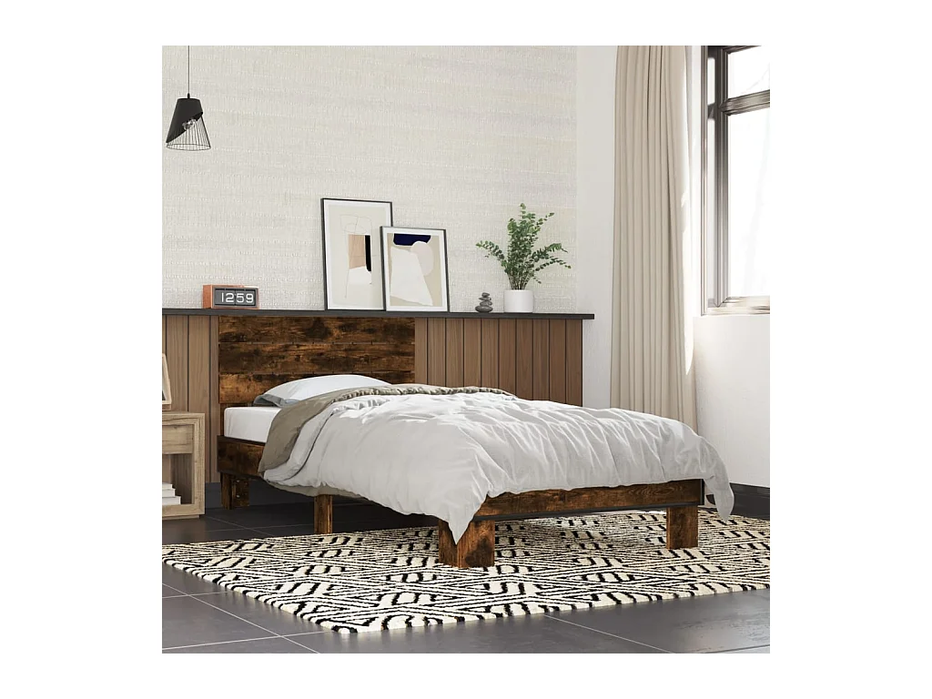 Lit simple chêne fumé 100x200 cm bois d'ingénierie et métal FR14361