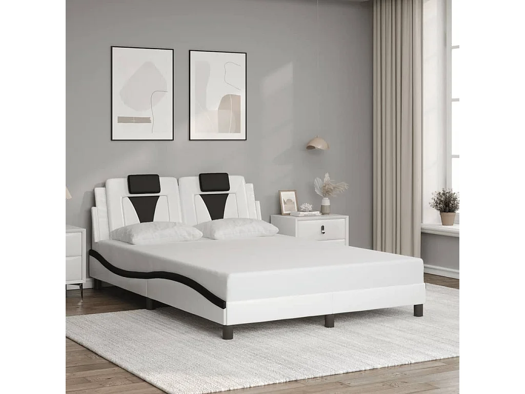 Cama 120x200cm - cabecero cuero sintético blanco negro ES261745