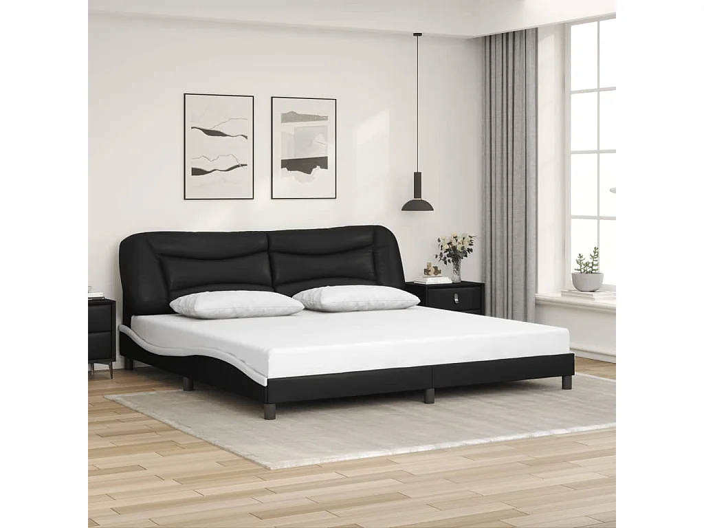 Cama individual- con cabecero cuero sintético negro y blanco ES887157
