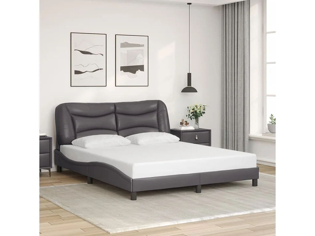 Lit double + tête de lit Gris 160x200 cm Similicuir FR46205