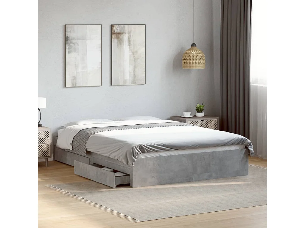 Lit double à tiroirs gris béton 135x190 cm bois d'ingénierie FR98073