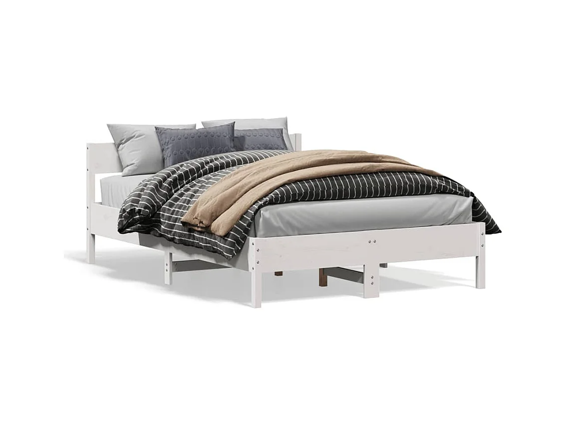 Lit double + tête de lit blanc 140x200 cm bois pin massif FR47273