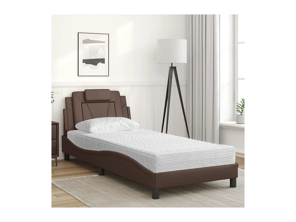 Lit adulte + matelas marron 90x190 cm similicuir FR23718