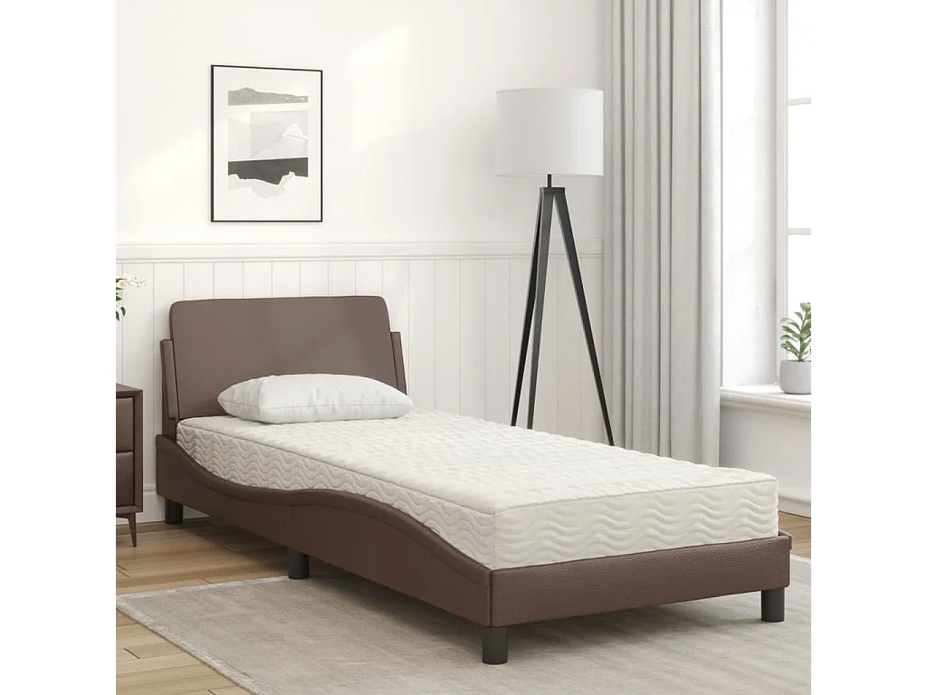 Lit adulte + matelas marron 90x190 cm similicuir FR95094
