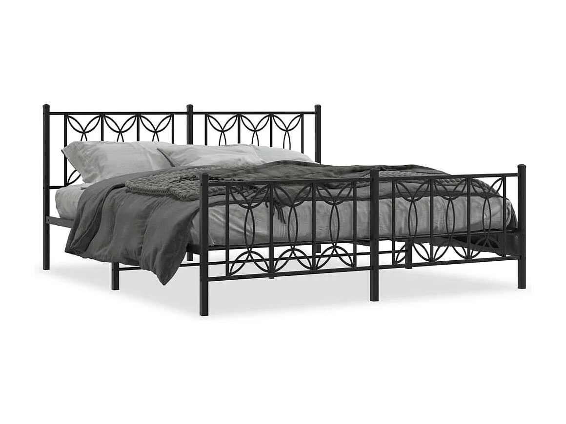 Lit double métal + tête de lit/pied de lit noir 183x213 cm FR76342