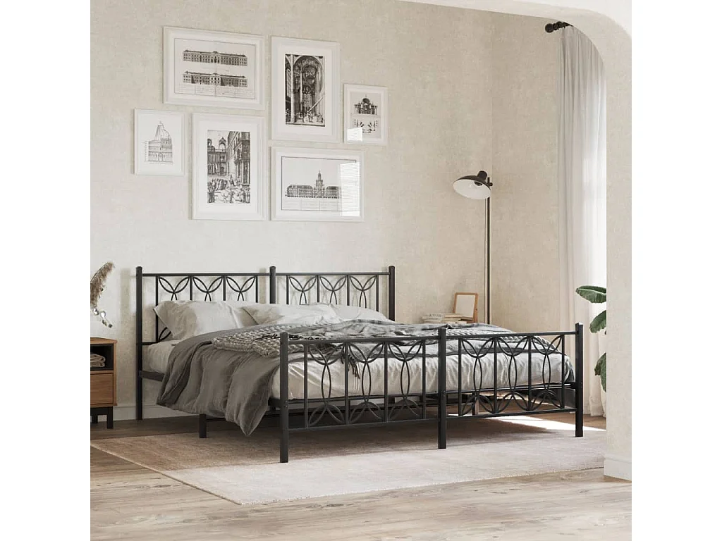 Lit double métal + tête de lit/pied de lit noir 183x213 cm FR76342