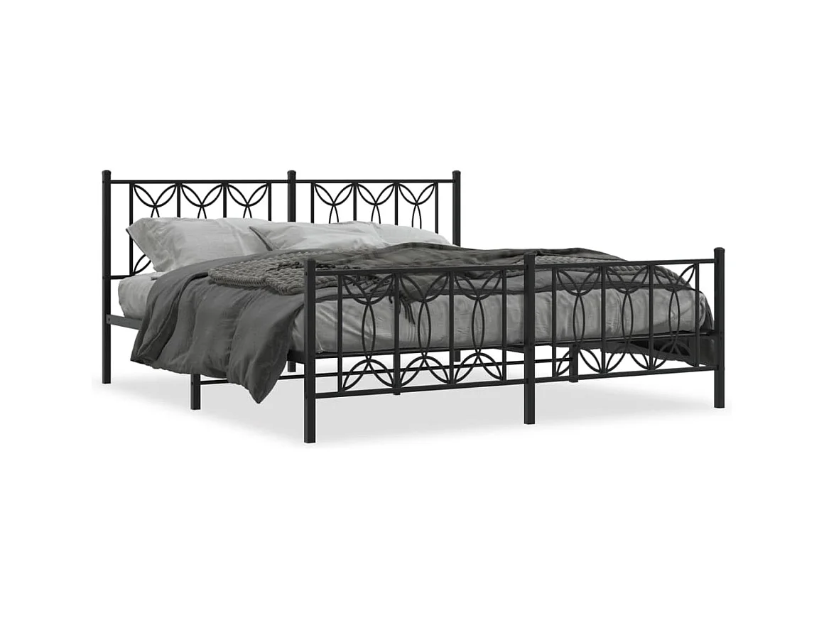Lit double métal + tête de lit/pied de lit noir 183x213 cm FR76342