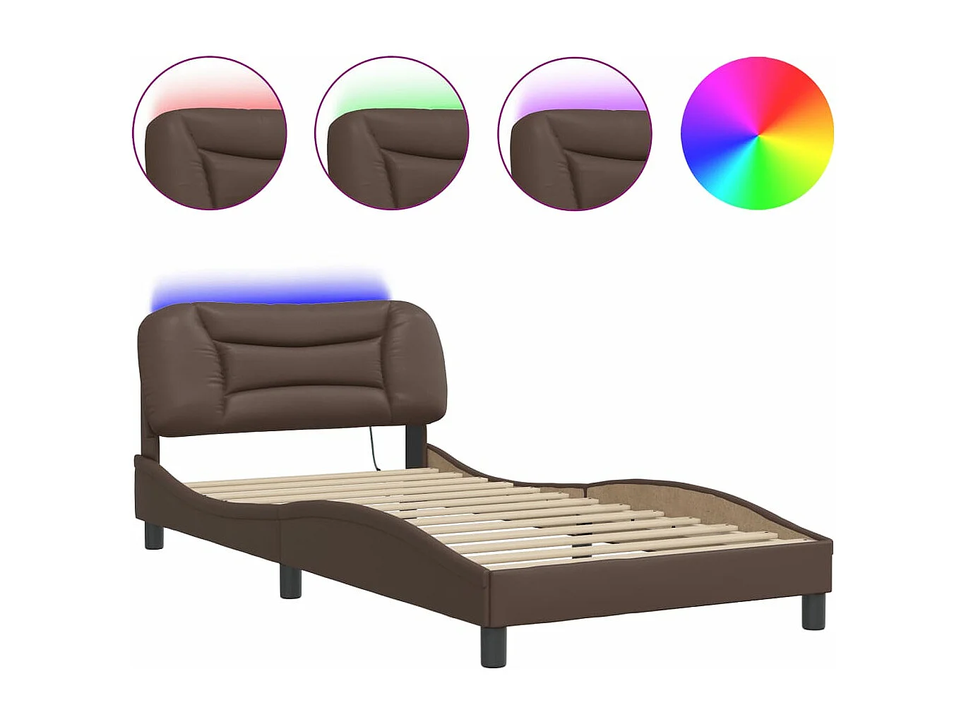 Cama c/ luzes LED 100x200cm couro artificial castanho PT761815