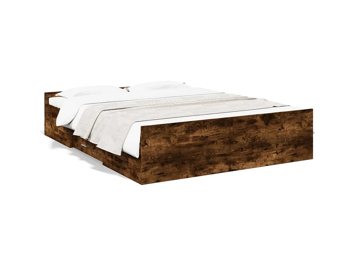 Lit double à tiroirs chêne fumé 160x200 cm bois d'ingénierie FR71001