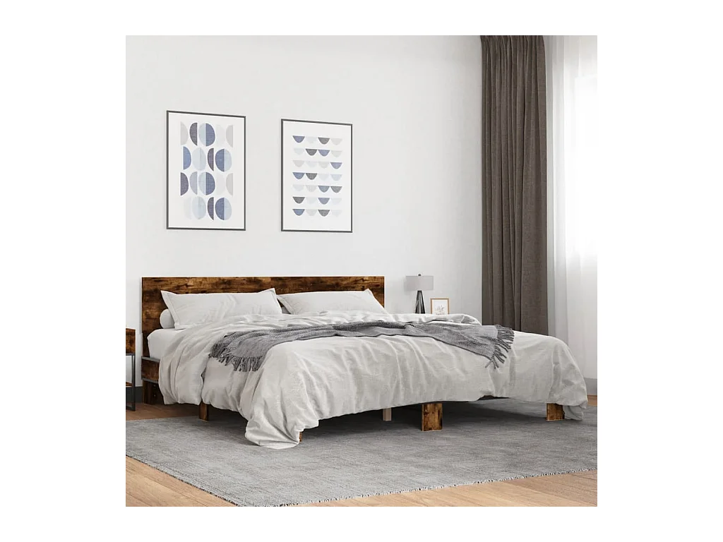 Lit double chêne fumé 200x200 cm bois d'ingénierie et métal FR38047