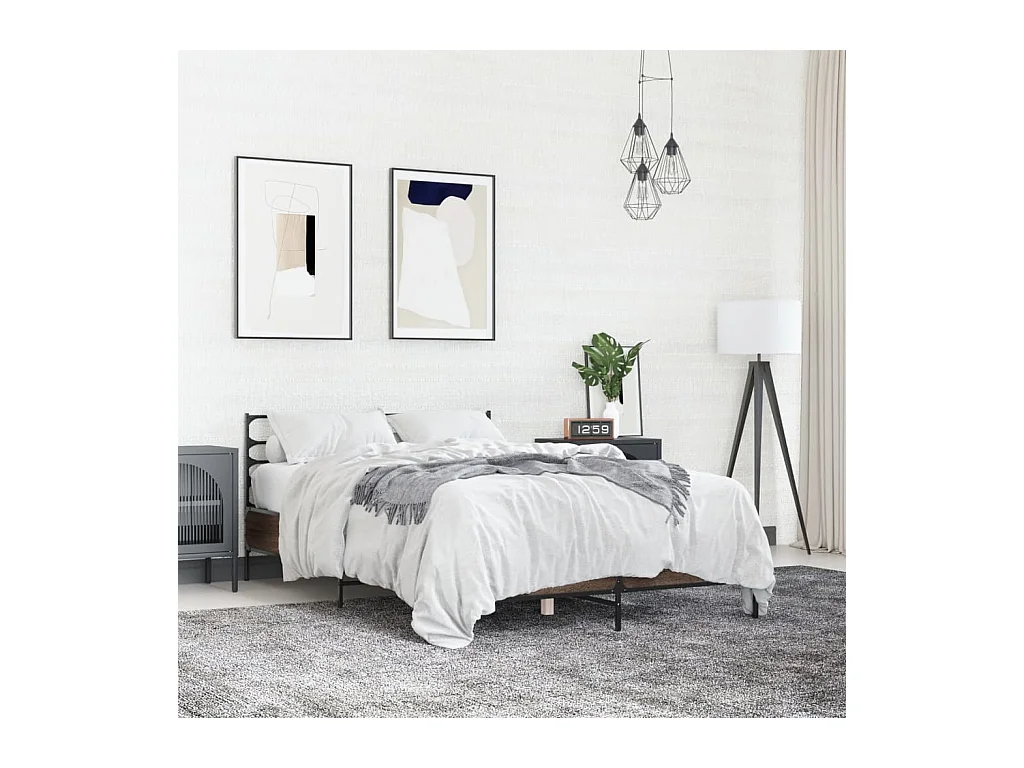 Lit double chêne marron 140x190 cm bois d'ingénierie et métal FR75620