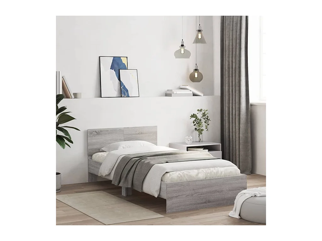 Lit simple tête de lit et lumières LED sonoma gris 100x200 cm FR93188