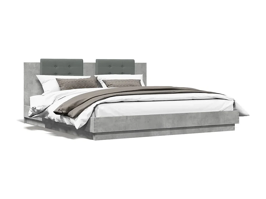 Lit double tête de lit et lumières LED gris béton 160x200 cm FR31897