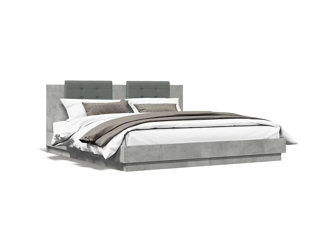 Lit double tête de lit et lumières LED gris béton 160x200 cm FR31897