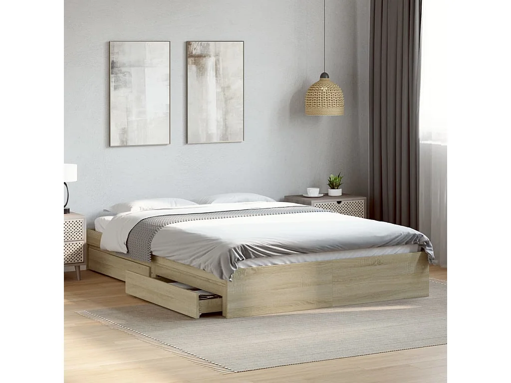 Cama 160x200 cm con cajones madera ingeniería roble Sonoma ES816608