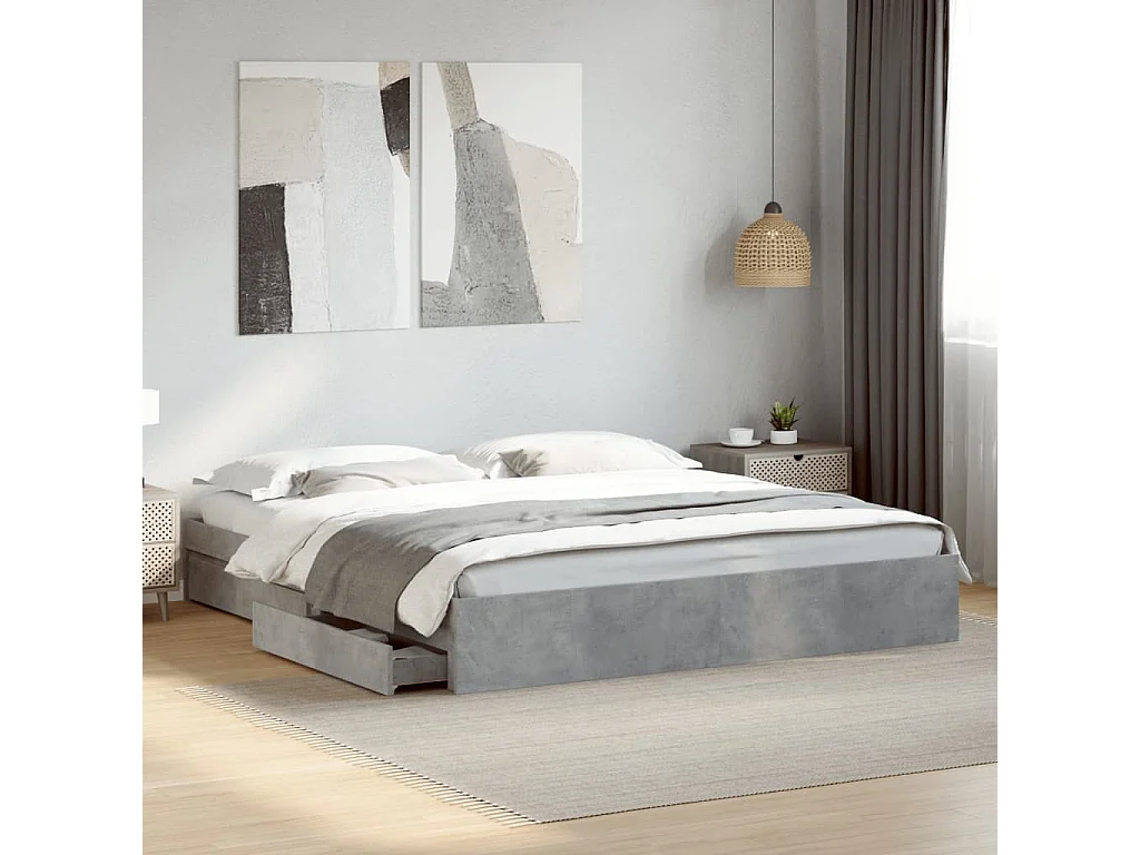 Lit double et tiroirs gris béton 200x200 cm bois d'ingénierie FR27070