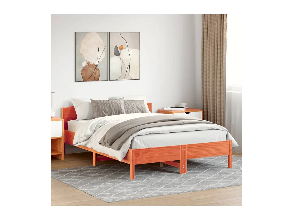 Lit double et tête de lit cire marron 150x200 cm bois de pin FR57713
