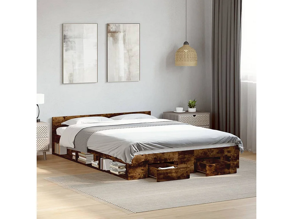 Lit double à tiroirs chêne fumé 135x190 cm bois d'ingénierie FR59183