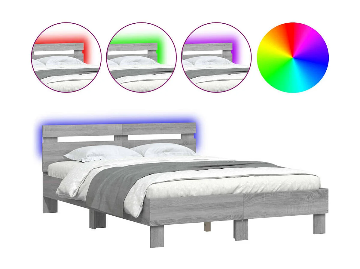 Lit double + tête de lit et LED sonoma gris 135x190 cm FR27601