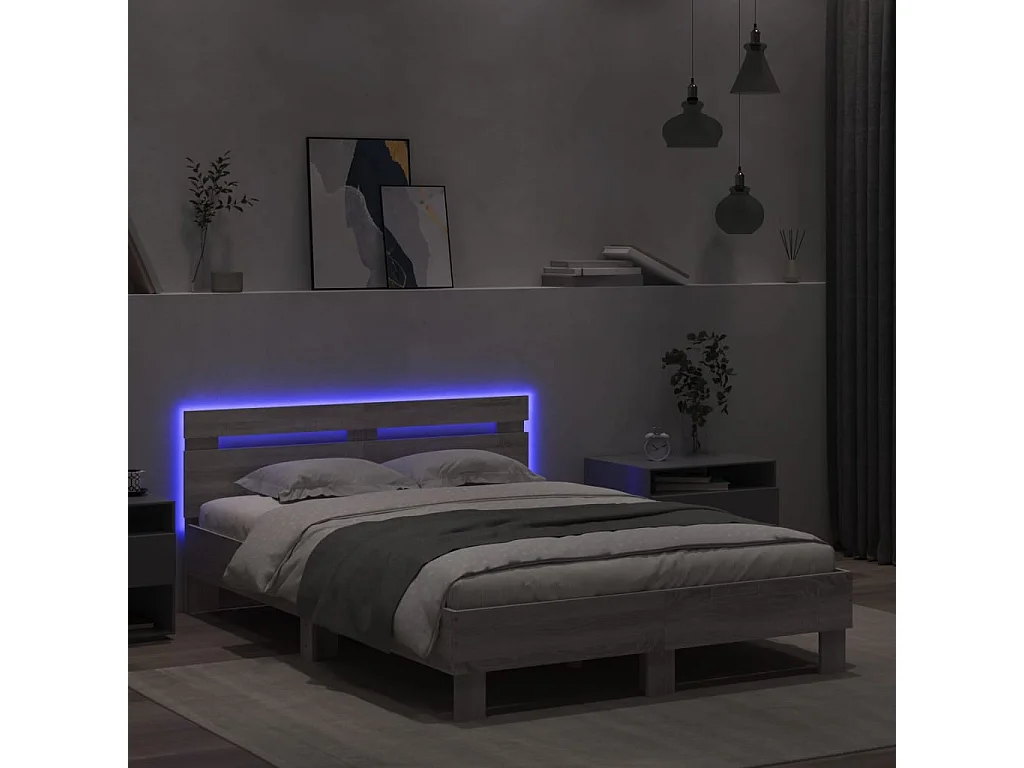 Bedframe met hoofdeinde en LED grijs sonoma eiken 135x190 cm BE800328
