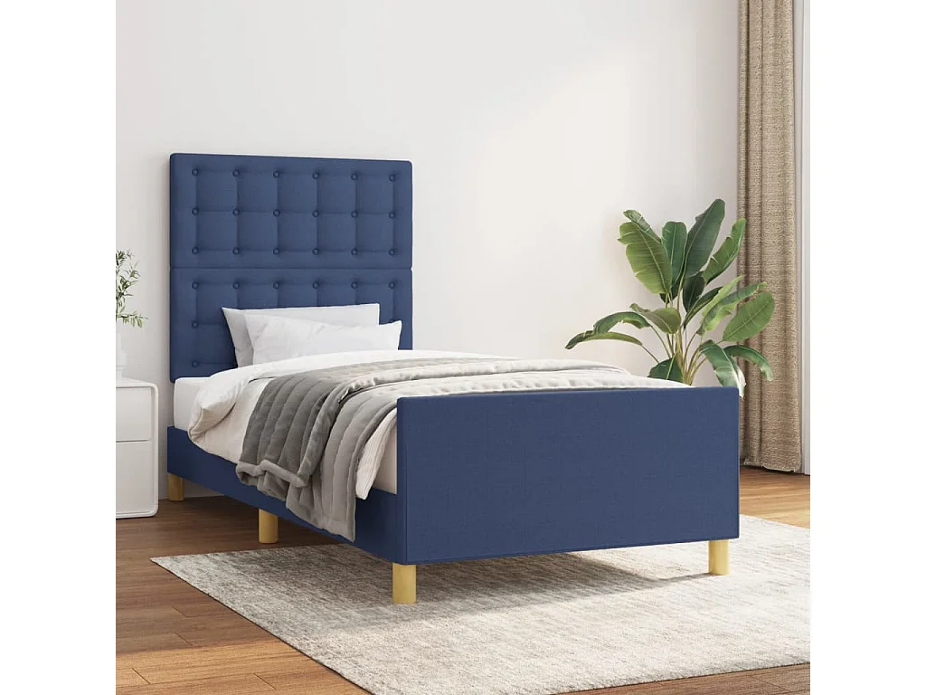 Cama individual- 90x190 cm con cabecero de tela azul ES510572