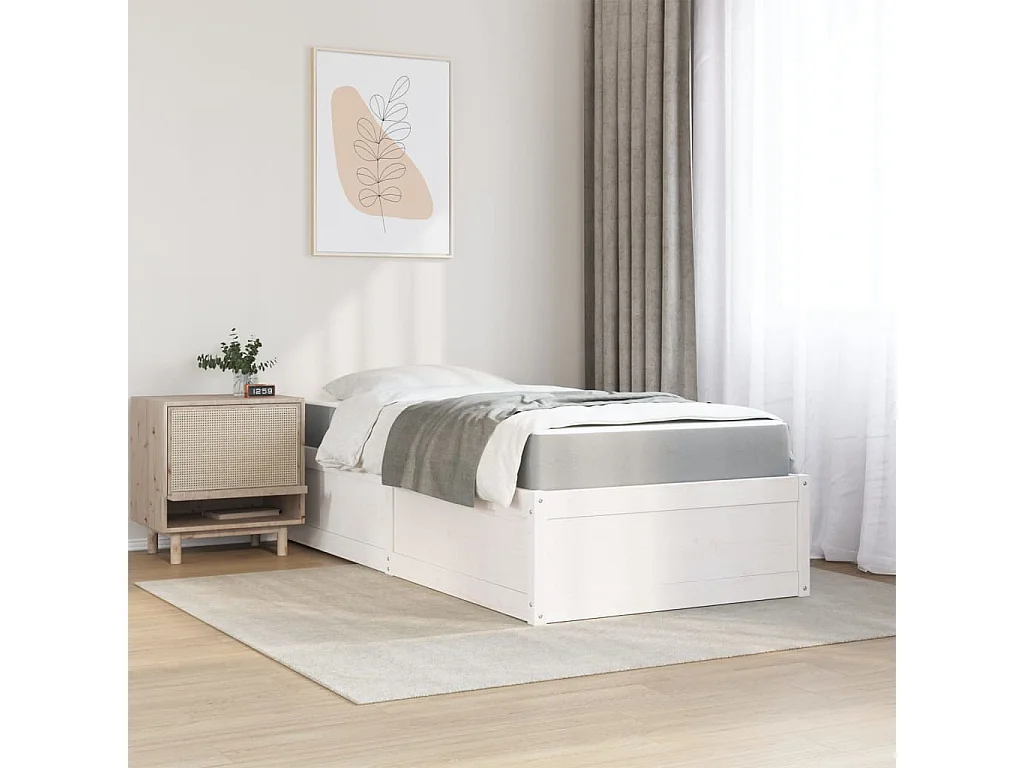 Lit adulte + matelas blanc 90x190 cm bois massif de pin FR11465