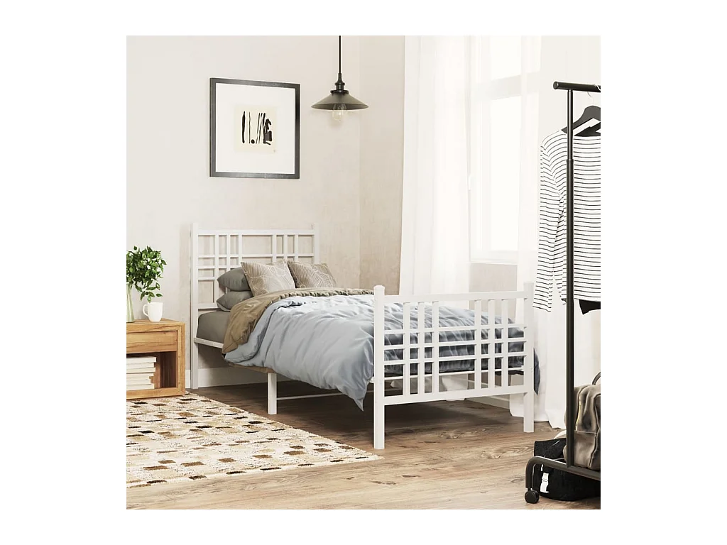 Lit simple métal + tête de lit/pied de lit blanc 75x190 cm FR12902