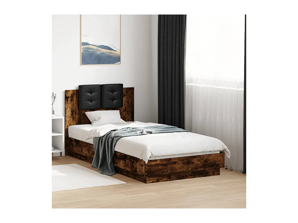 Lit simple tête de lit chêne fumé 90x190 cm bois ingénierie FR11706