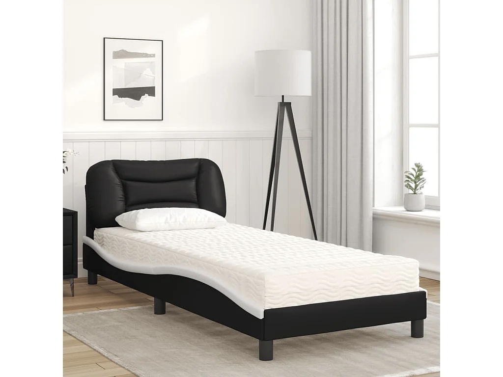 Lit adulte + matelas noir et blanc 90x190 cm similicuir FR52543