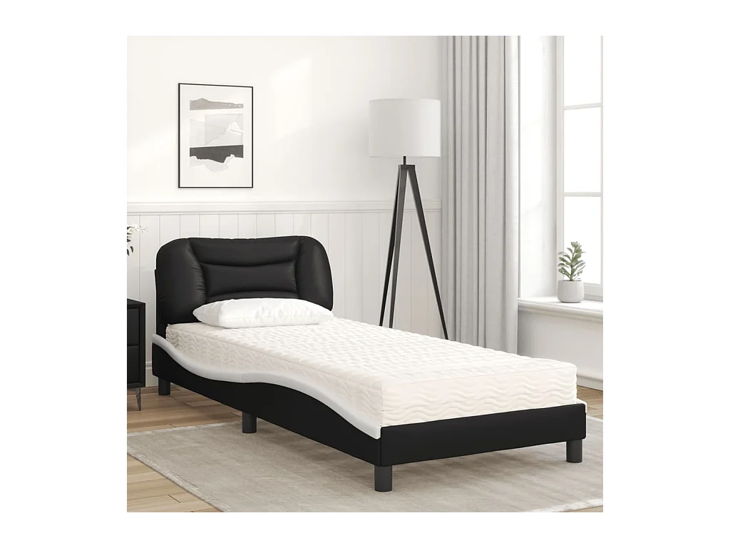 Lit adulte + matelas noir et blanc 90x190 cm similicuir FR52543