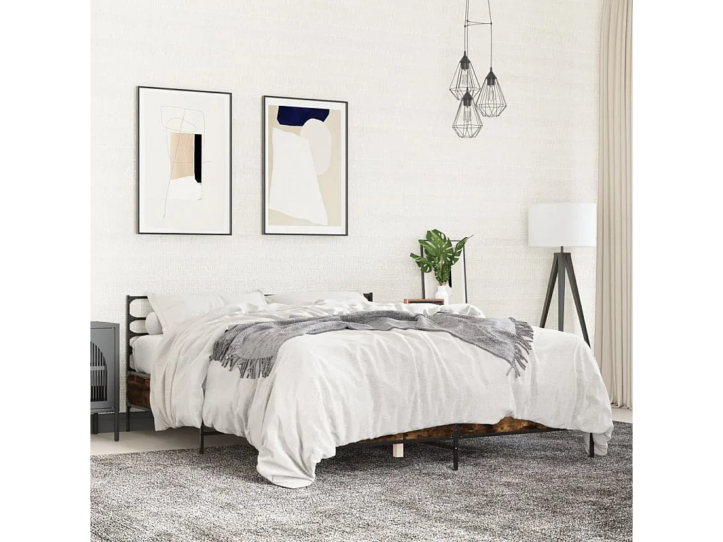 Cama 150x200cm - madera ingeniería metal roble ahumado ES378583