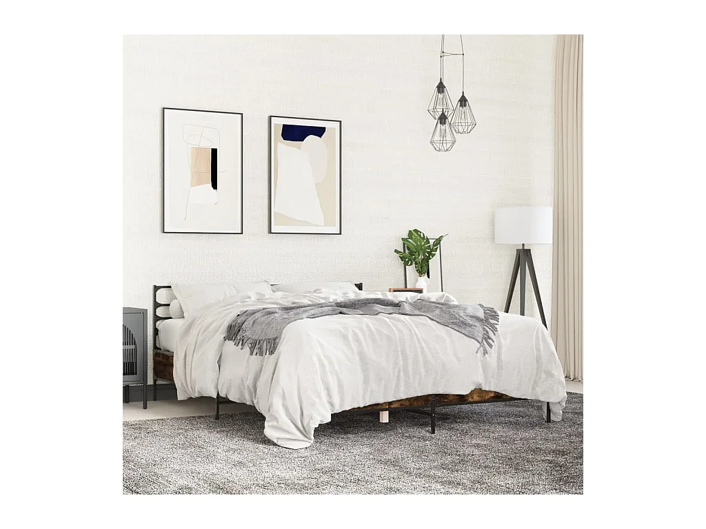 Lit double chêne fumé 150x200 cm bois d'ingénierie et métal FR98302