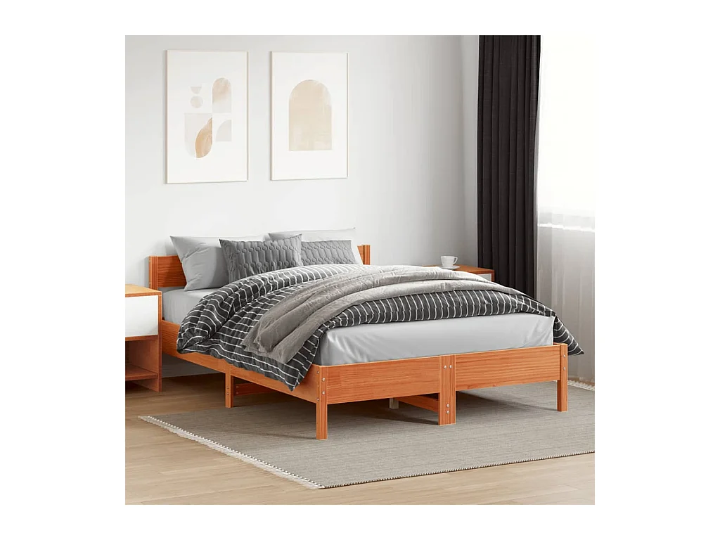 Lit double et tête de lit cire marron 120x200 cm bois de pin FR45600