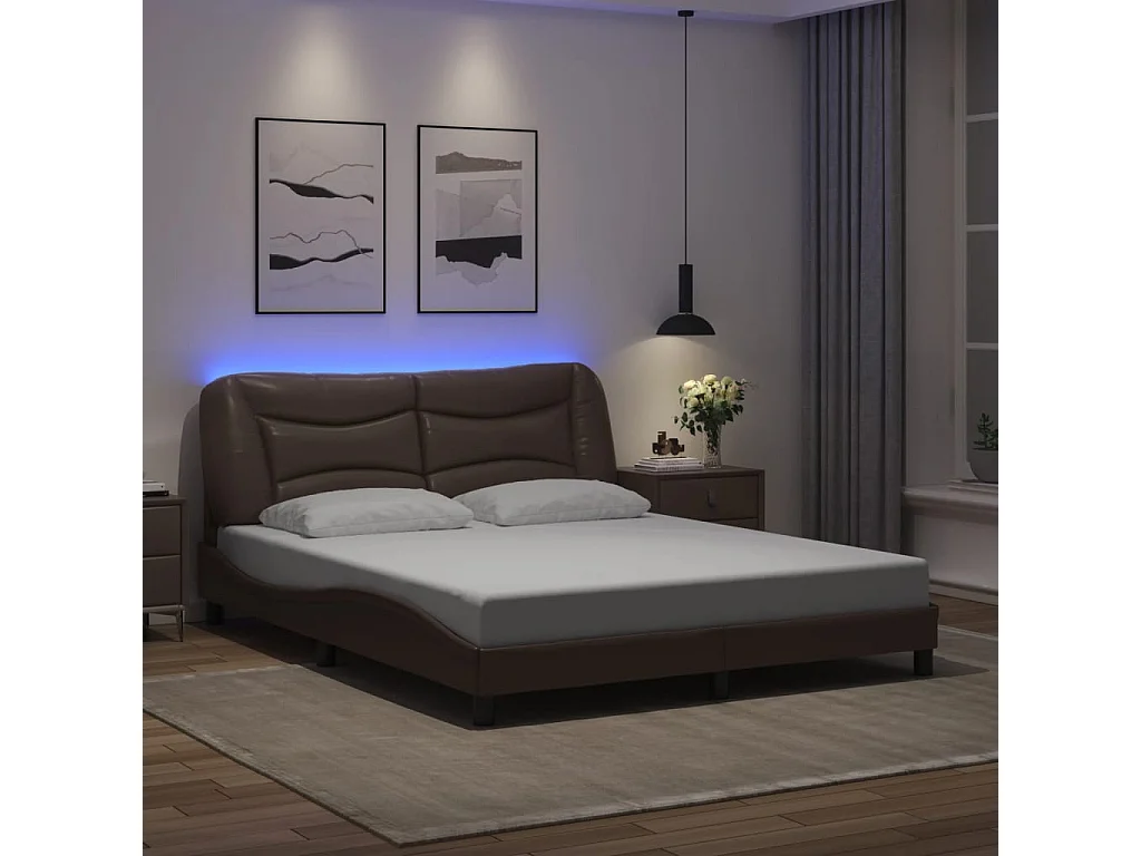 Lit double avec lumières LED marron 160x200 cm similicuir FR12821